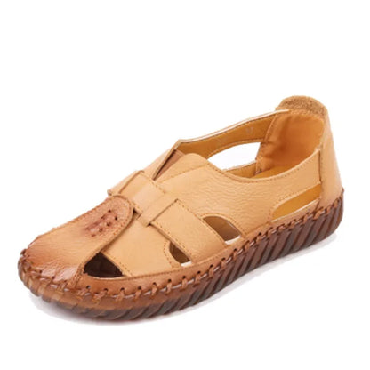 Damen - Sandalen - Echtleder - Flats Retro - Fesselriemchen - Sommer