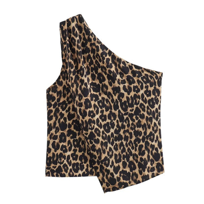 Damen-Outfit-Set-einer Schulter-Leopard-weite Hose-Sommer