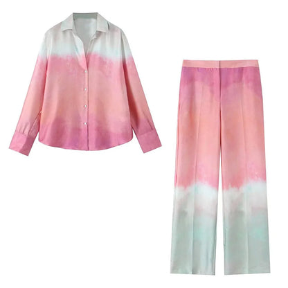 Damen - Outfit-Sets - Polyester - Langarm - High Waist Pants - Tie Dye - Sommer