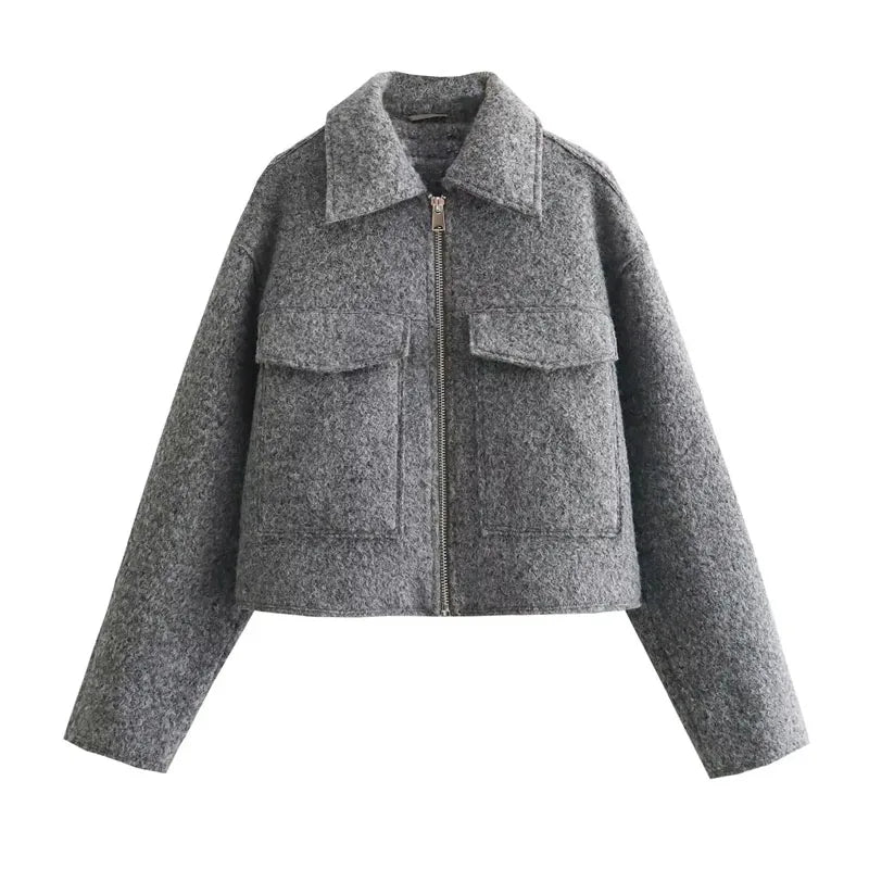 Frauen - Jacke - Gekürzt - Tweed - Reißverschluss - Winter