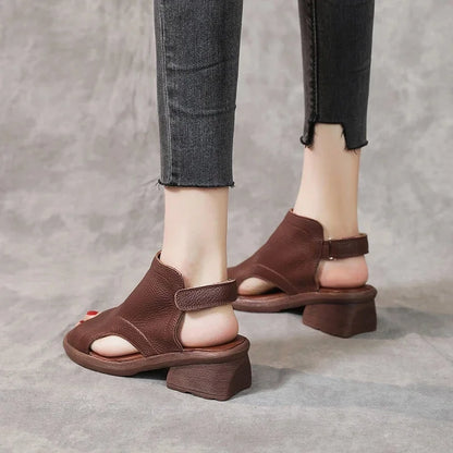 Damen- Sandalen- dicker Absatz- hohl- Echtes Leder- Sommer