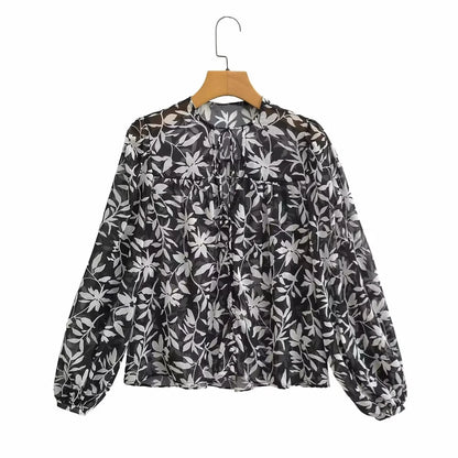 Frauen - Shirt - Rundhalsausschnitt Lange Ärmel Floral Transluzent - Casual