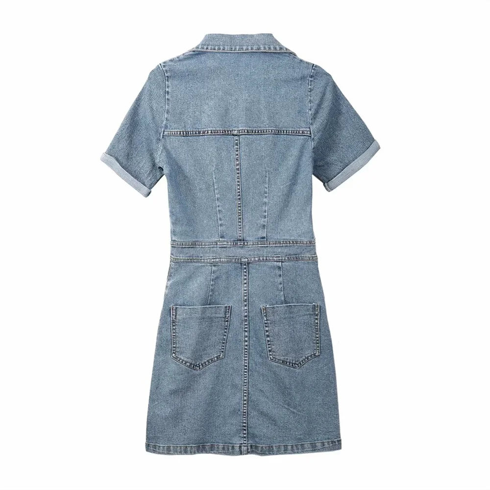 Damen - Minikleid - Polyester/Denim - Polo kurze Ärmel - Sommer