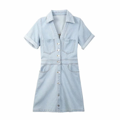 Damen - Minikleid - Polyester/Denim - Polo kurze Ärmel - Sommer