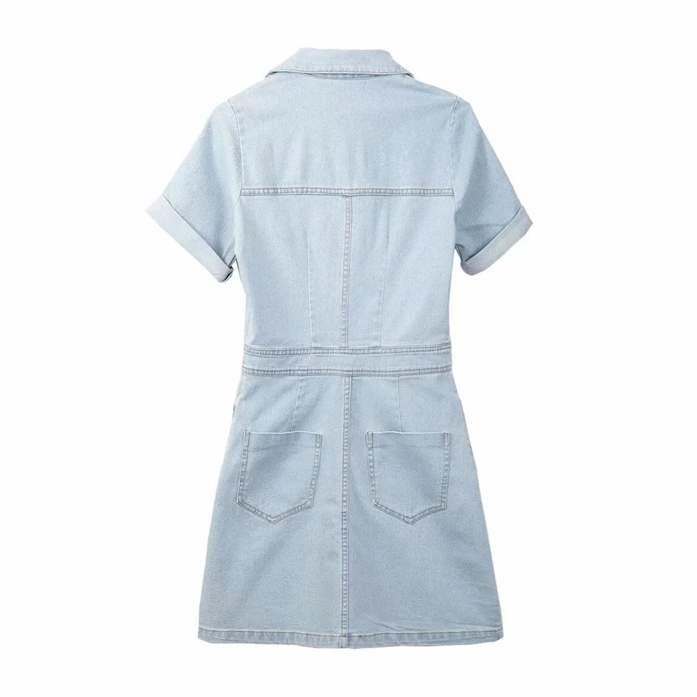 Damen - Minikleid - Polyester/Denim - Polo kurze Ärmel - Sommer