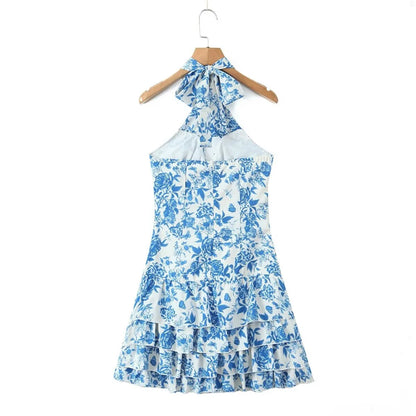 Damen-Kleid-Blumendruck-Rückenfrei-Halsausschnitt-Sommer