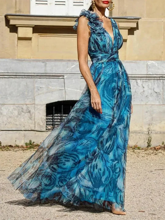 Debie Böhmisches langes Kleid im pfauenblauen Stil