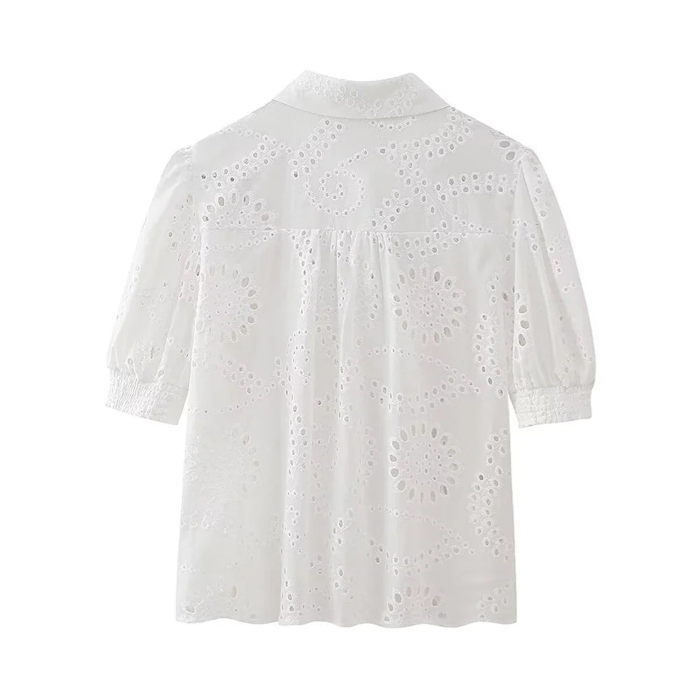 Damen - Shirt - Polokragen bestickt mit Bubble Sleeves - Sommer