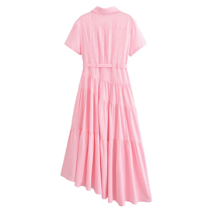 Damen - Midikleid - Polyester - Kurzarm - Gürtel - Kragen - Sommer