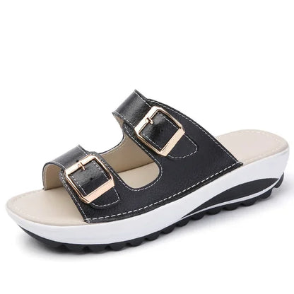 Damen-Sandalen-Zweiriemen-Offene Zehe-Flach-Spaltleder-Sommer