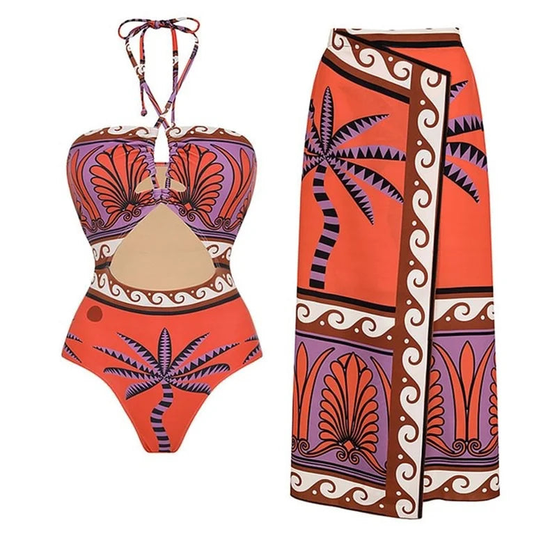 Damen - Push-Up Bikini mit hoher Taille - Retro Print Bademode - Sommer