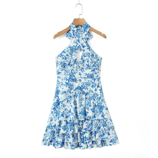 Damen-Kleid-Blumendruck-Rückenfrei-Halsausschnitt-Sommer