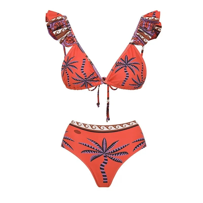 Damen - Push-Up Bikini mit hoher Taille - Retro Print Bademode - Sommer