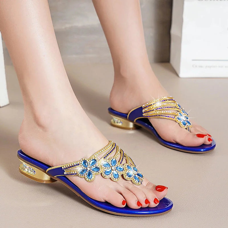 Damen-Sandalen-Blumen-Dekor-Strass-Flat-Echtleder-Sommer