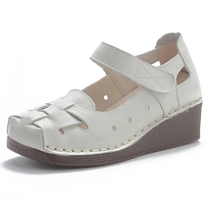 Damen - Sandalen - Flacher Keilabsatz - Gewebt - Echtes Leder - Sommer