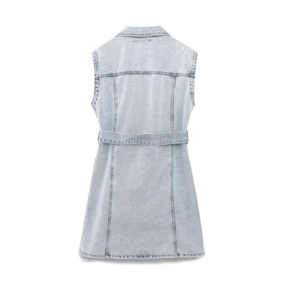 Damen – Minikleid – Polyester – Denim – Ordnerkragen – Gürtel – Sommer