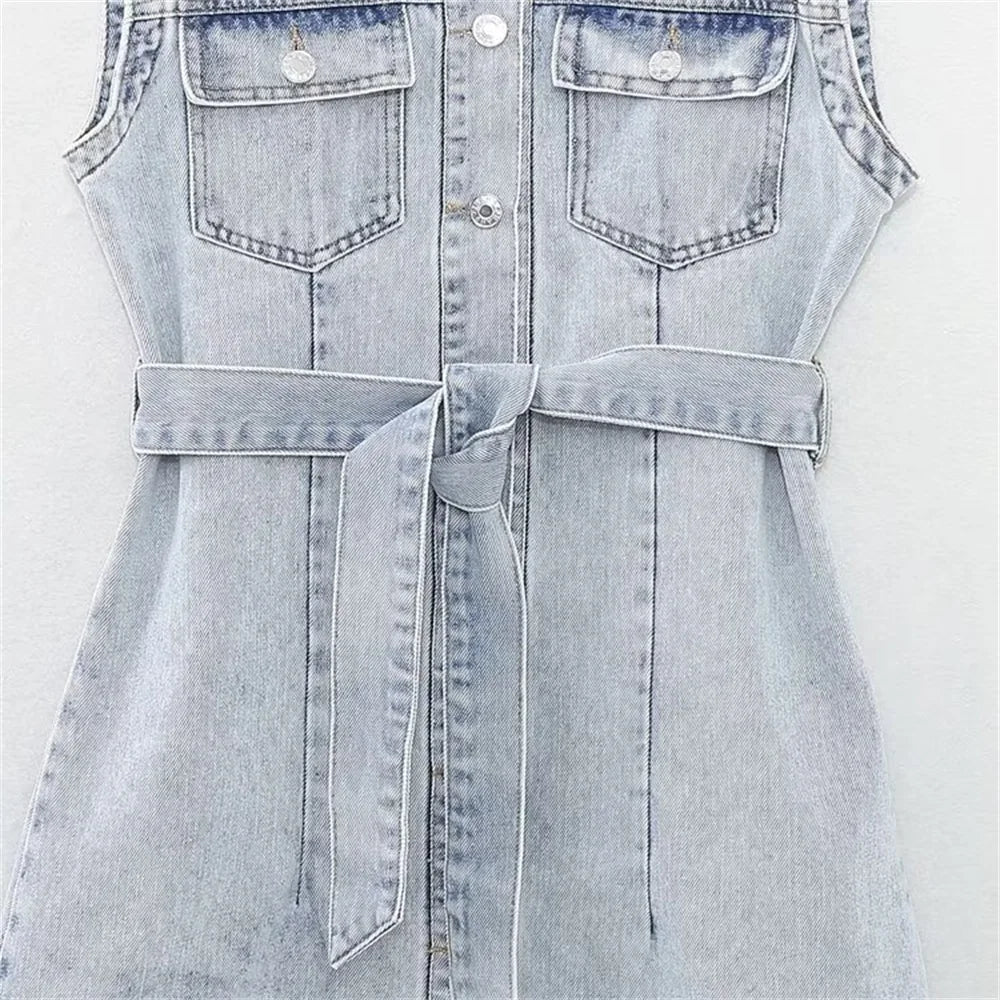 Damen – Minikleid – Polyester – Denim – Ordnerkragen – Gürtel – Sommer