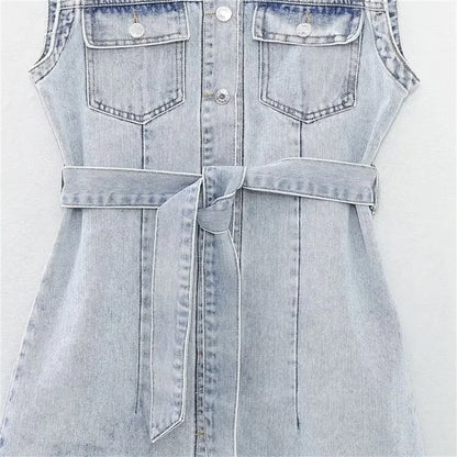 Damen – Minikleid – Polyester – Denim – Ordnerkragen – Gürtel – Sommer