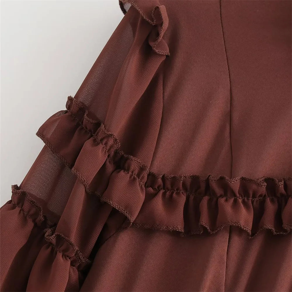 Damen - Langärmeliges Kleid - Lagenchiffon - Rüschen - Herbst