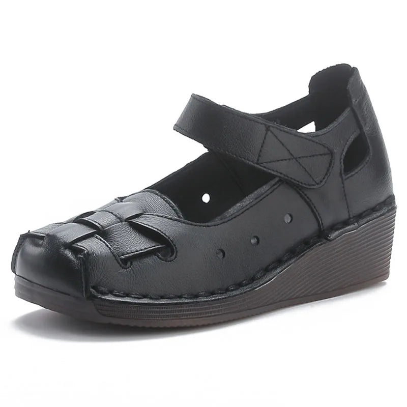 Damen - Sandalen - Flacher Keilabsatz - Gewebt - Echtes Leder - Sommer