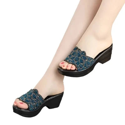 Damen- Sandalen- Vintage klobig- Strass- Echtes Leder- Sommer