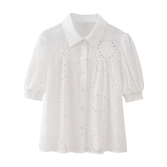 Damen - Shirt - Polokragen bestickt mit Bubble Sleeves - Sommer