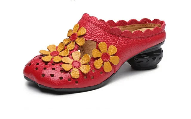 Damen-Sandalen-Blumen-Dekor-Slip on-Hohlleder-Sommer