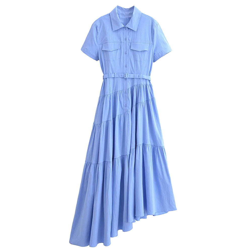 Damen - Midikleid - Polyester - Kurzarm - Gürtel - Kragen - Sommer