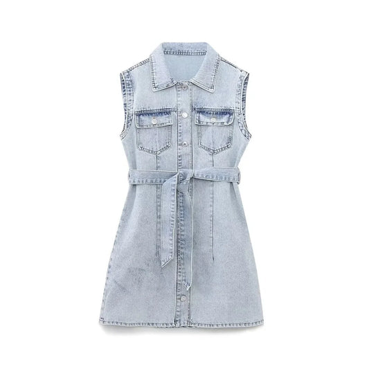 Damen – Minikleid – Polyester – Denim – Ordnerkragen – Gürtel – Sommer