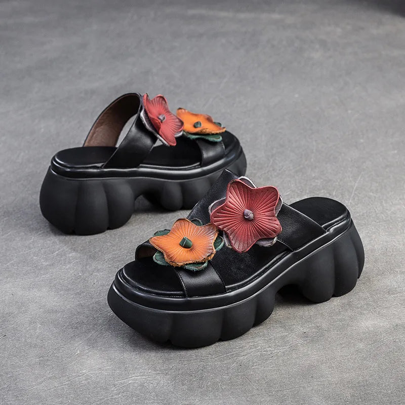 Damen-Sandale-Slip-on-Blumen-Dekor-Doppelriemen-Echtleder-Sommer