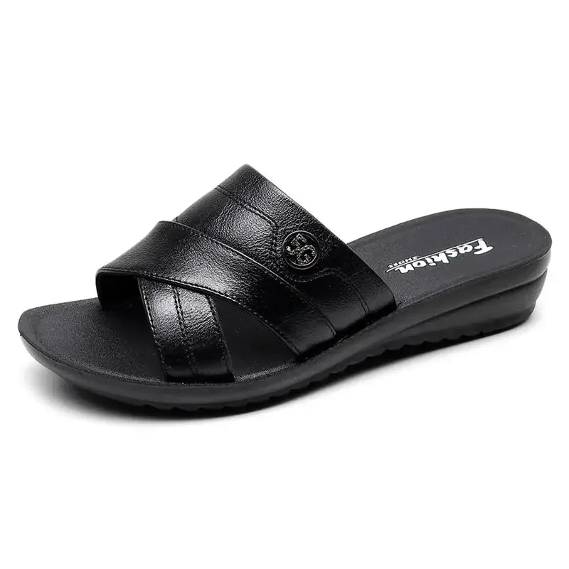 Damen-Pantoffeln-Slipper-flach-x-förmig-echtes Leder-Sommer