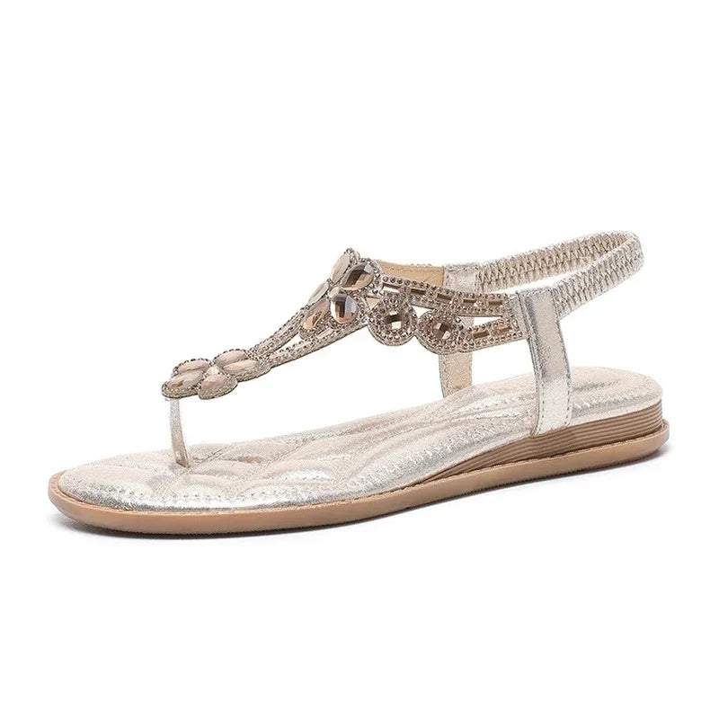 Damen-Sandalen-Rückenband-Strass-Flach-Gummi-Sommer