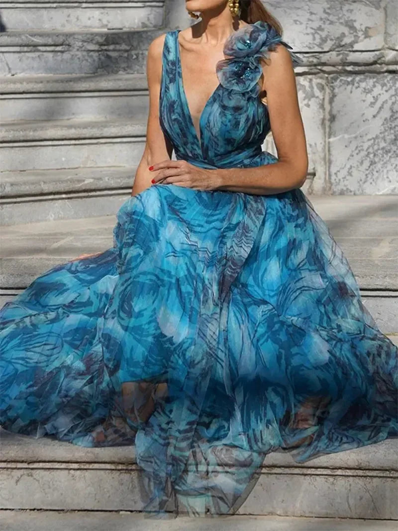 Debie Böhmisches langes Kleid im pfauenblauen Stil