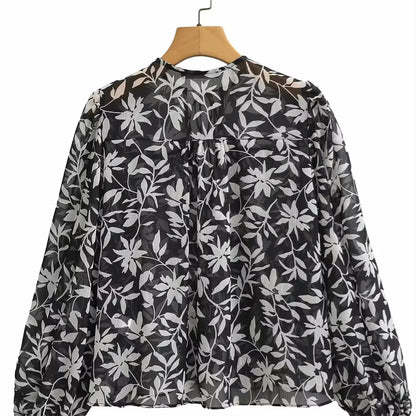 Frauen - Shirt - Rundhalsausschnitt Lange Ärmel Floral Transluzent - Casual