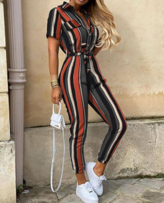 Damen- Jumpsuit- kurze Ärmel- Spitzengürtel- Baumwolle- Sommer