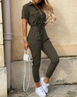 Damen- Jumpsuit- kurze Ärmel- Spitzengürtel- Baumwolle- Sommer