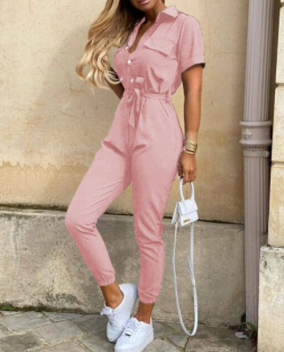 Damen- Jumpsuit- kurze Ärmel- Spitzengürtel- Baumwolle- Sommer