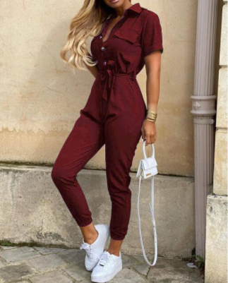 Damen- Jumpsuit- kurze Ärmel- Spitzengürtel- Baumwolle- Sommer