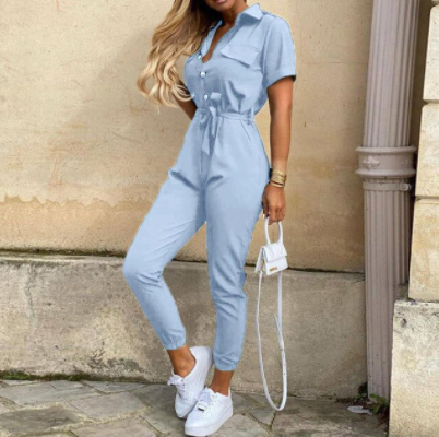 Damen- Jumpsuit- kurze Ärmel- Spitzengürtel- Baumwolle- Sommer