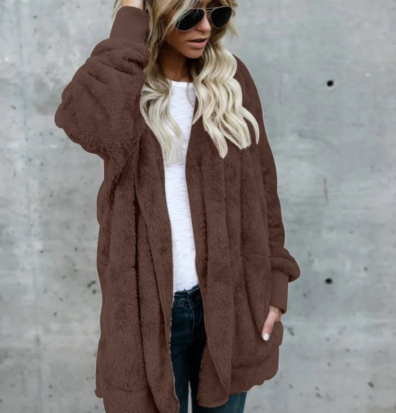 Damen - Strickjacke - Doppelfleece - Übergröße mit Kapuze - Herbst