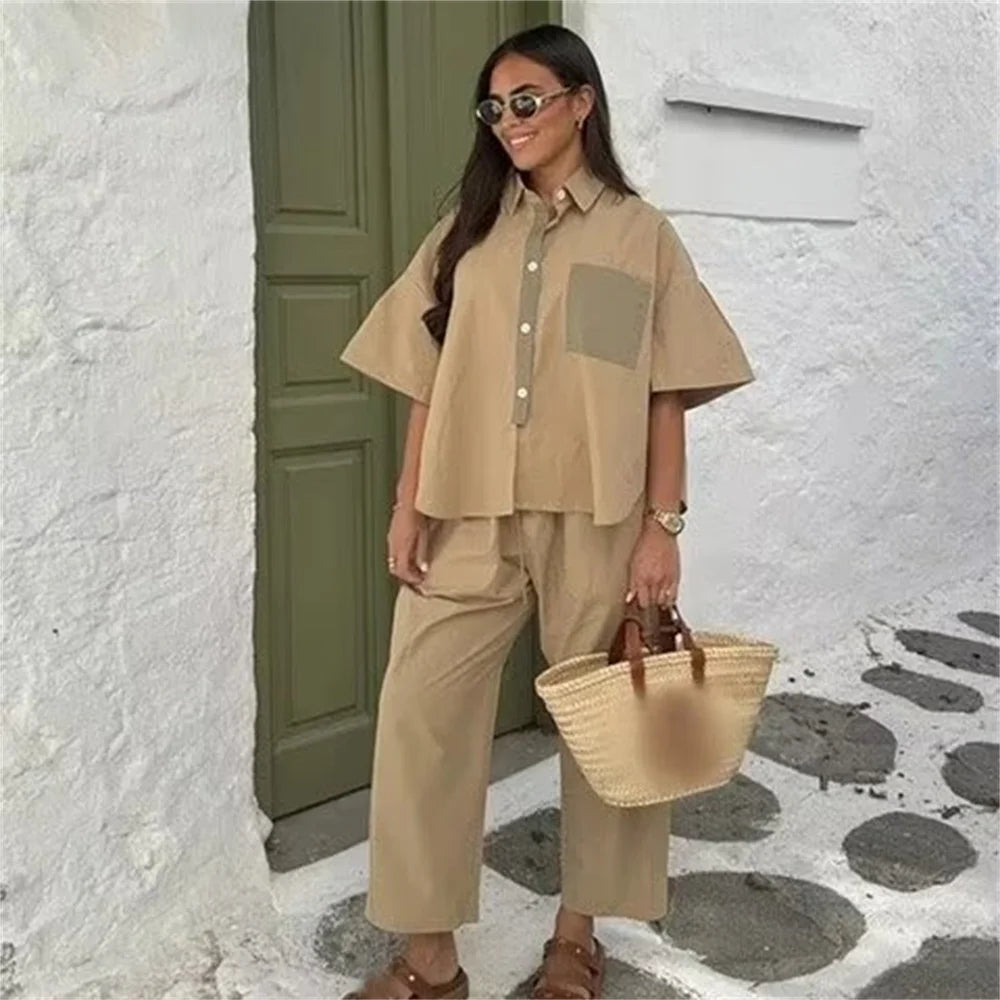 Damen - Shirt und Hose Set - Farbige kurze Ärmel - Weite Beine - Alle Jahreszeiten