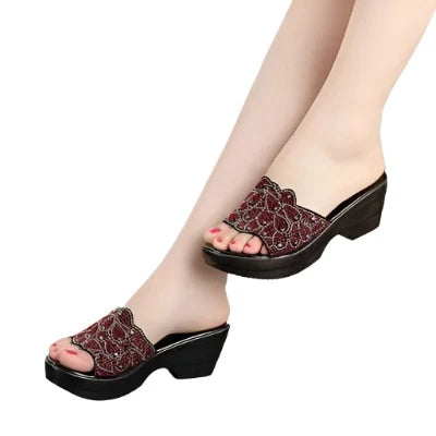 Damen- Sandalen- Vintage klobig- Strass- Echtes Leder- Sommer