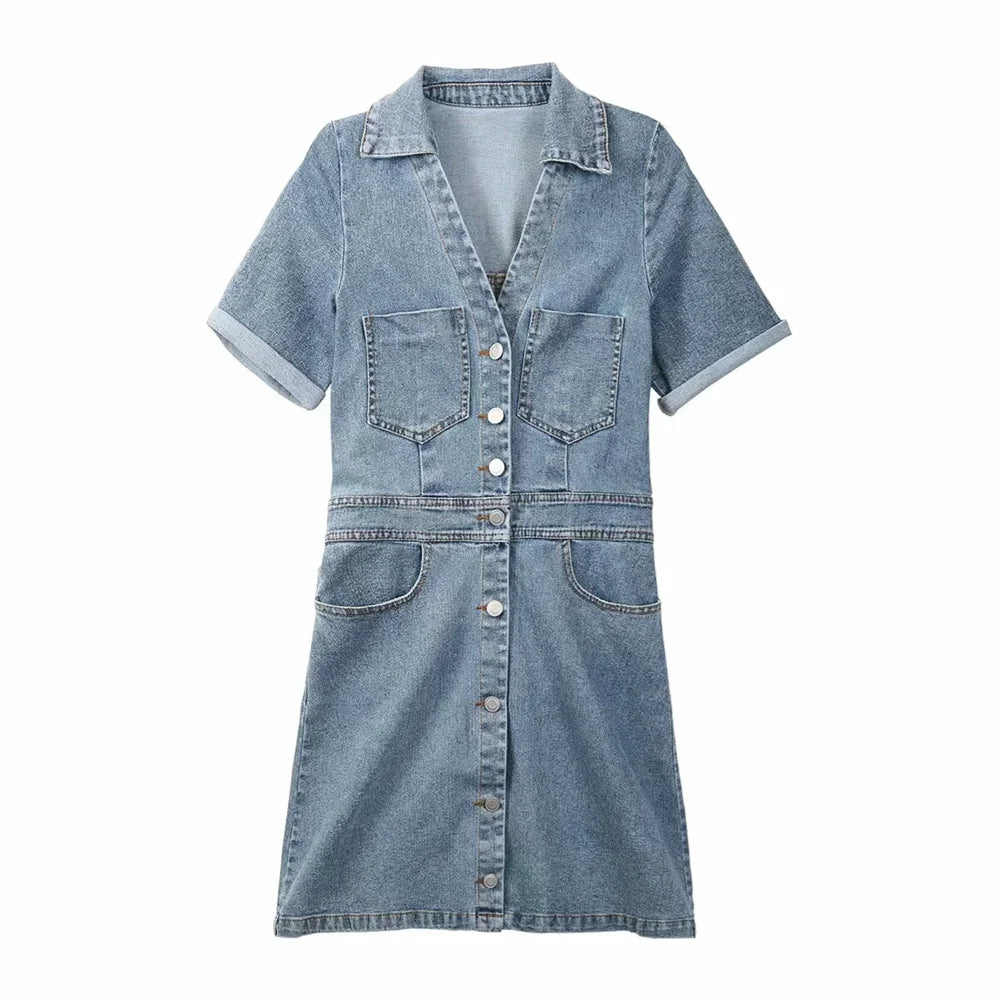 Damen - Minikleid - Polyester/Denim - Polo kurze Ärmel - Sommer