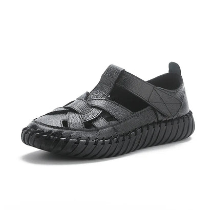 Damen-Sandalen-Hohlsandalen-Dicker Boden-Flach-Echtleder-Sommer