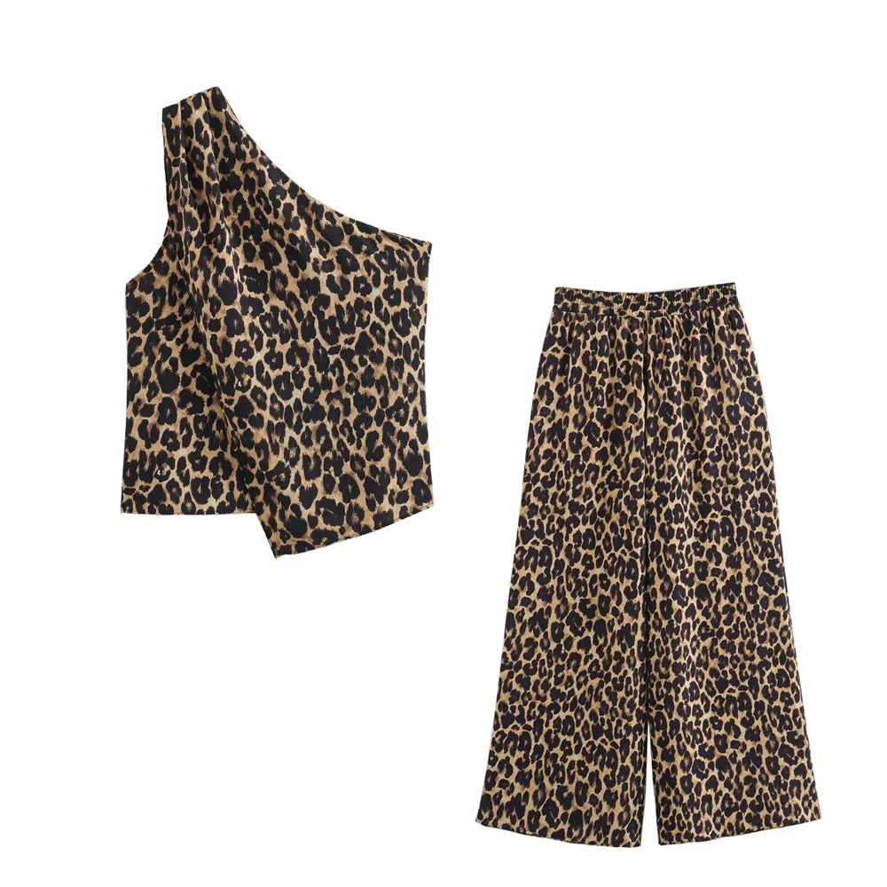 Damen-Outfit-Set-einer Schulter-Leopard-weite Hose-Sommer