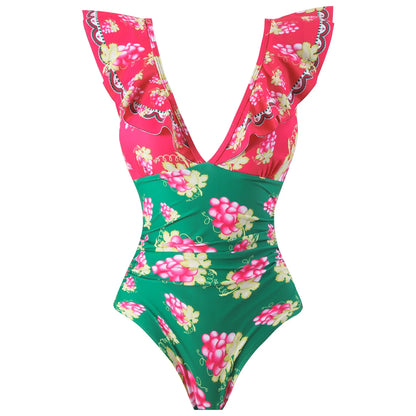 Damen-Bikini – V-Ausschnitt, Blumenmuster, hohe Beine – Sommer