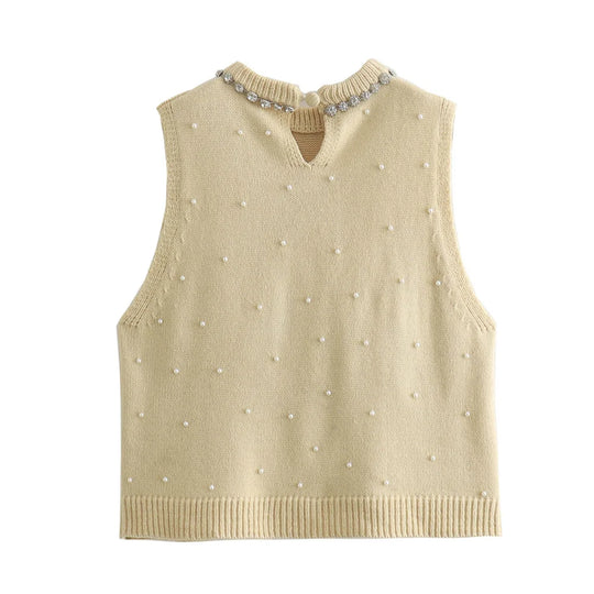 Damen - Gestricktes Top mit Perle und Schmuck - Casual - Sommer