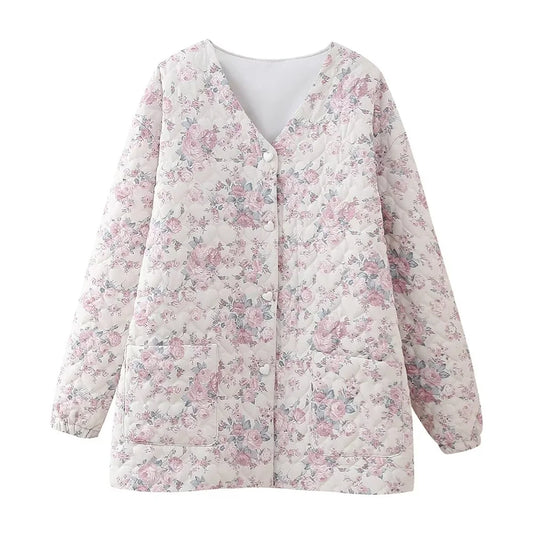 Damen - Jacke - Mode, Lässig, Vielseitig, Gesteppt, Creme Flower Love - Herbst