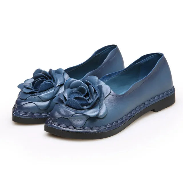 Damen-Sandalen-Slip-On-Blumendekor-flach- echtes Leder-Sommer