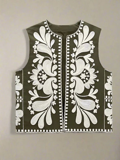 Damen-Weste- Vintage-Blumenstickerei- Baumwolle- Sommer